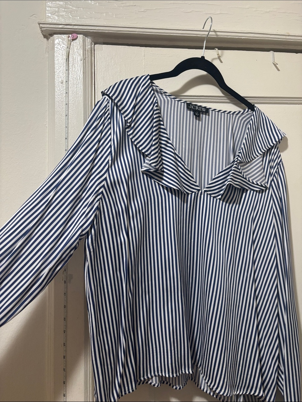 J. Crew Navy & White Vertical Stripe Ruffle V-Neck Top